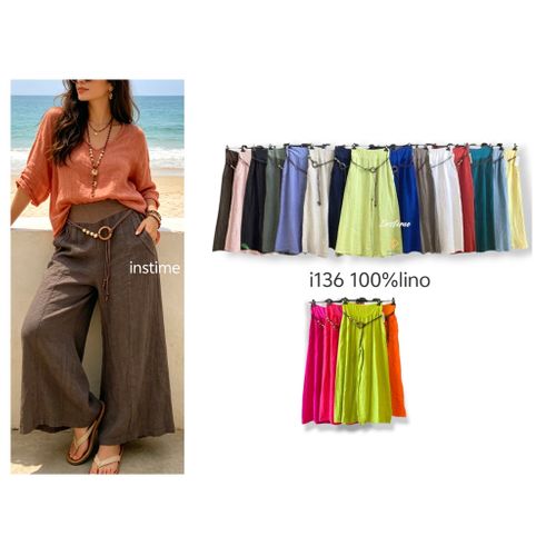 Pantaloni Donna Primavera/Estate Made in Italia Tempo libero Colore Unico Standard Lino