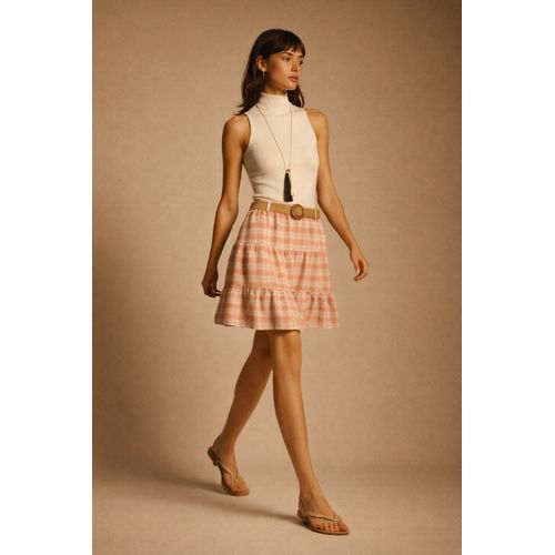 Plaid cotton-blend ruffled skirt with belt
