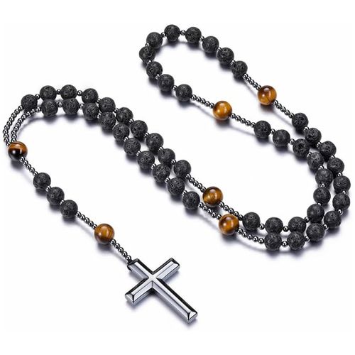 Long Stone Rosary Necklace with Hematite Cross