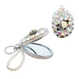 Collana Mini Specchio Trucco Portatile Ovale con Strass Bifacciale Catena di Perle Alla Moda Quotidiano San Valentino Compleanno Natale — foto 5