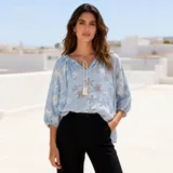 Blusa con coulisse e dettagli in tasselli — foto 1