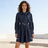 Abito denim lungo maniche a sbuffo con fiocco — foto 1