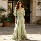 Vestito Lungo a V con Laccio e ricamo Floreale — foto 3