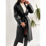 Cappotto trench nero ecopelle con bottoni senza tasche con cintura — foto 3