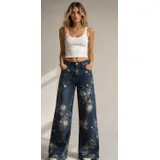 Jeans Larghi Donna Quattro stagioni Made in Cina Quotidiano Vari Colori Standard Fiori — foto 1