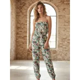 Donna Vestiti Tuta Lunga (Jumpsuit) a Fascia con Stampa Tropicale e Punto Vita Elasticizzato — foto 1